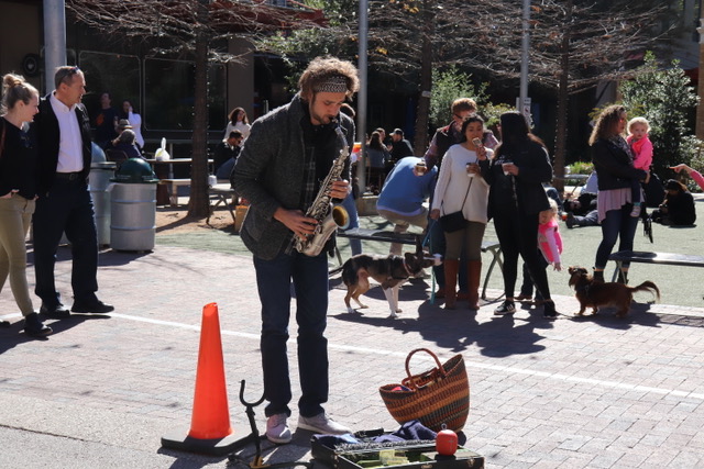 A Saxophone Player Entertains Visitors at Pearl Brewery